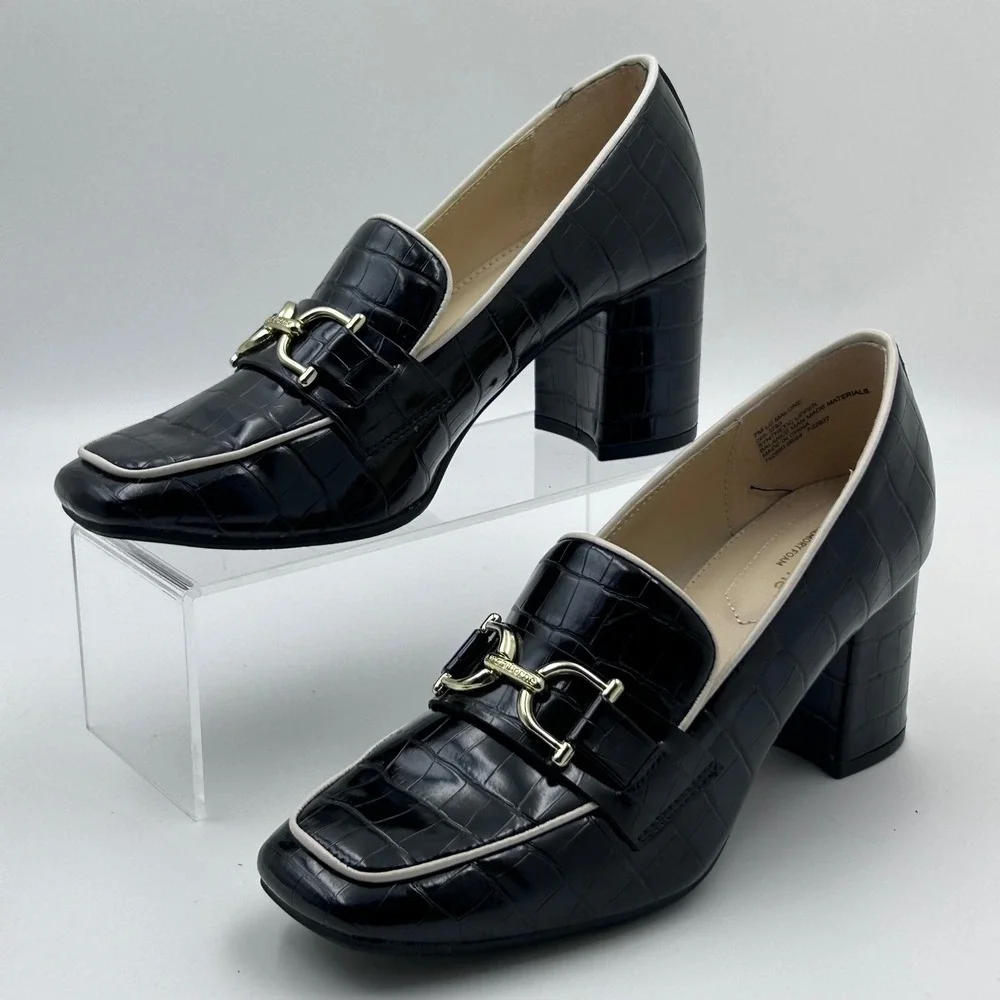 Liz Claiborne Heeled Loafers 7 Black Croc Embossed Horsebit Preppy Officecore - Picture 2 of 10